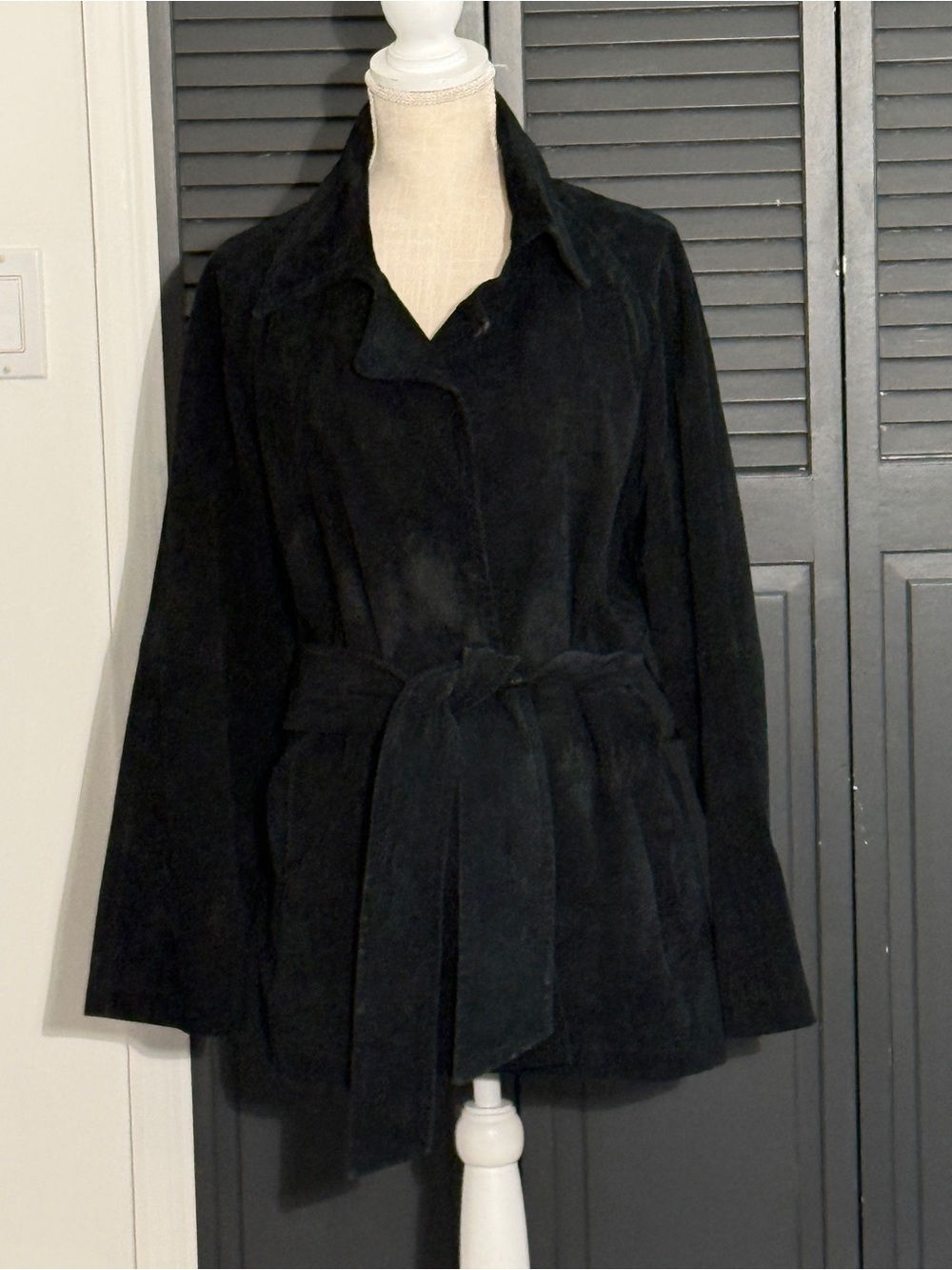 Vintage Margaret Godfrey Black Suede Leather Belted Wrap Jacket Size Large AS IS